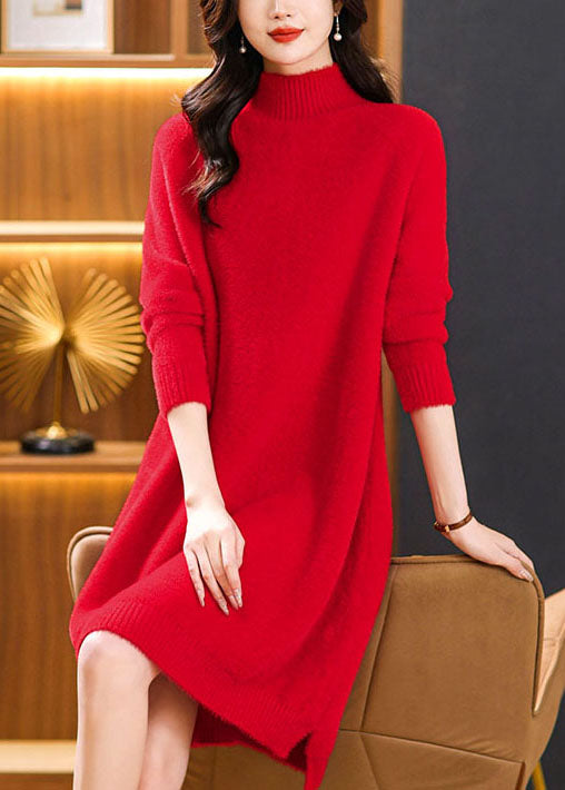 Caramel Hign Neck Mink Hair Knitwear Sweaters Dress Spring