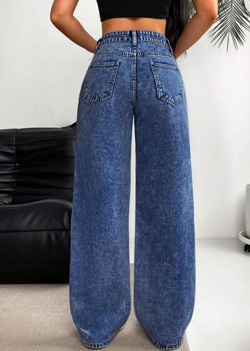 Dark Blue High Waist Ripped Wide Leg Denim Pants Spring