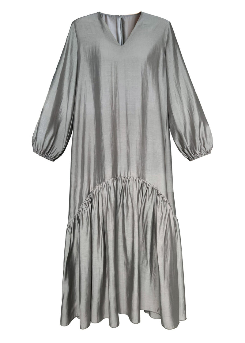 French Apricot V Neck Wrinkled Patchwork Cotton Long Dresses Fall