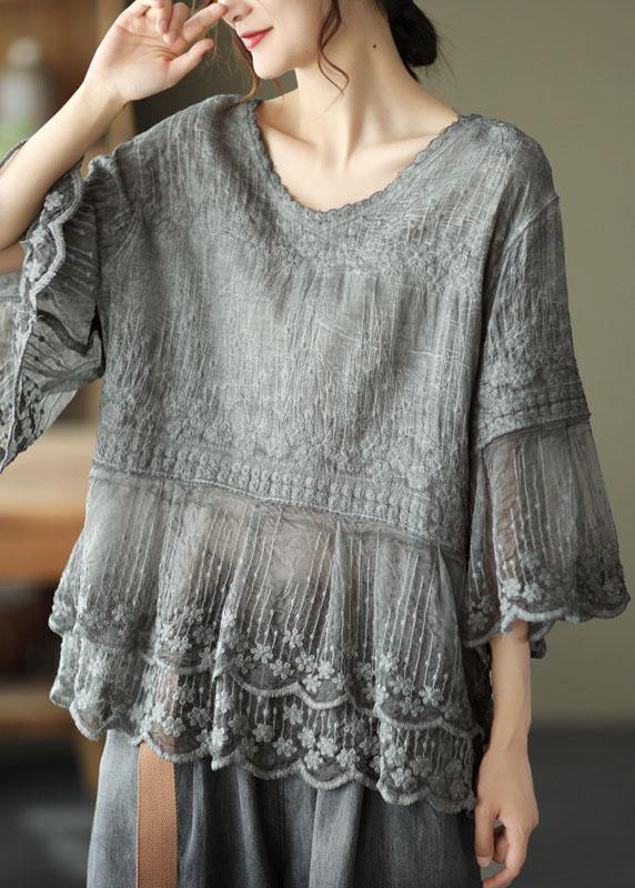 Loose Khaki O-neck Embroideried Patchwork Summer Shirts Half Sleeve