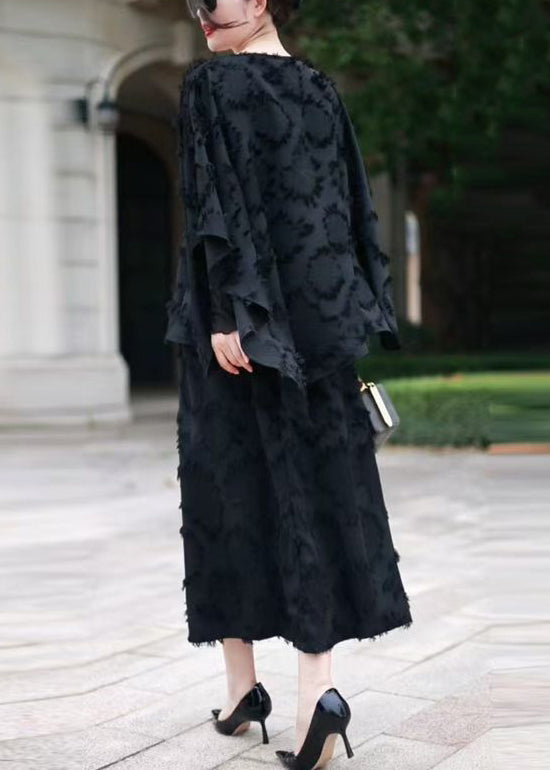 Loose Black O Neck Tops and Skirts Cotton Sets 2 Pieces Fall
