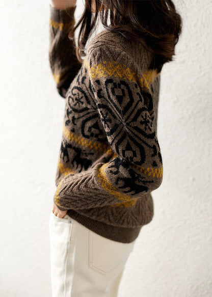 Camel O-neck Thick Print Knit Sweaters Long Sleeve