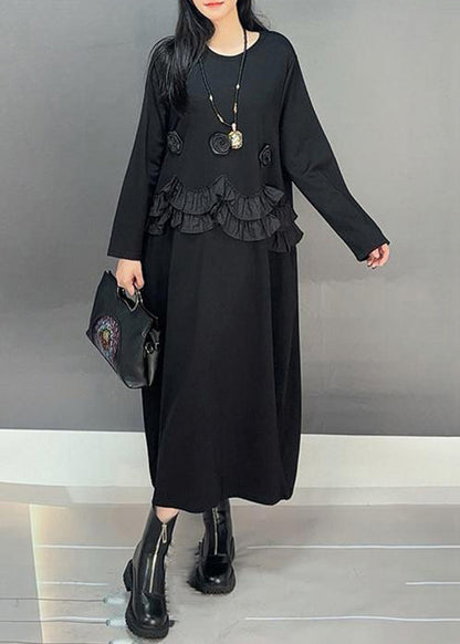 Loose Black O-neck Ruffled Patchwork Cotton Long Dresses Fall