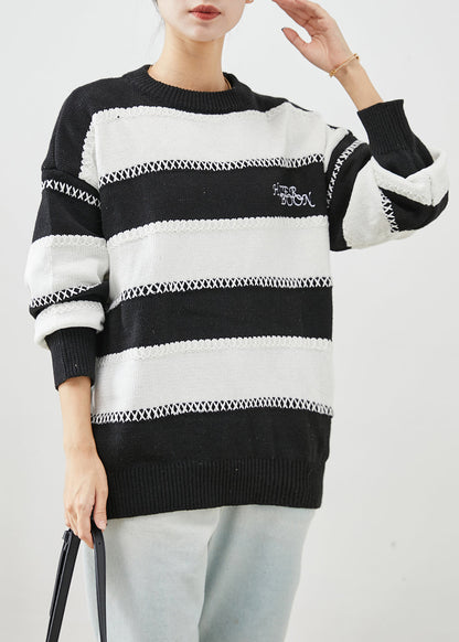 Fitted Black White Striped Letter Embroideried Knitted Tops Winter