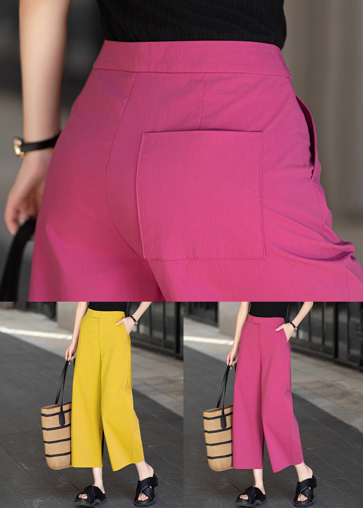 Yellow Button Pockets Cotton Summer Crop Pants High Waist