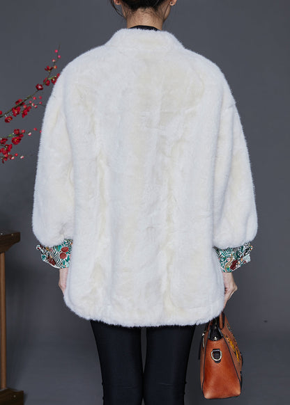 White Oversized Patchwork Chinese Button Faux Fur Jacket Winter