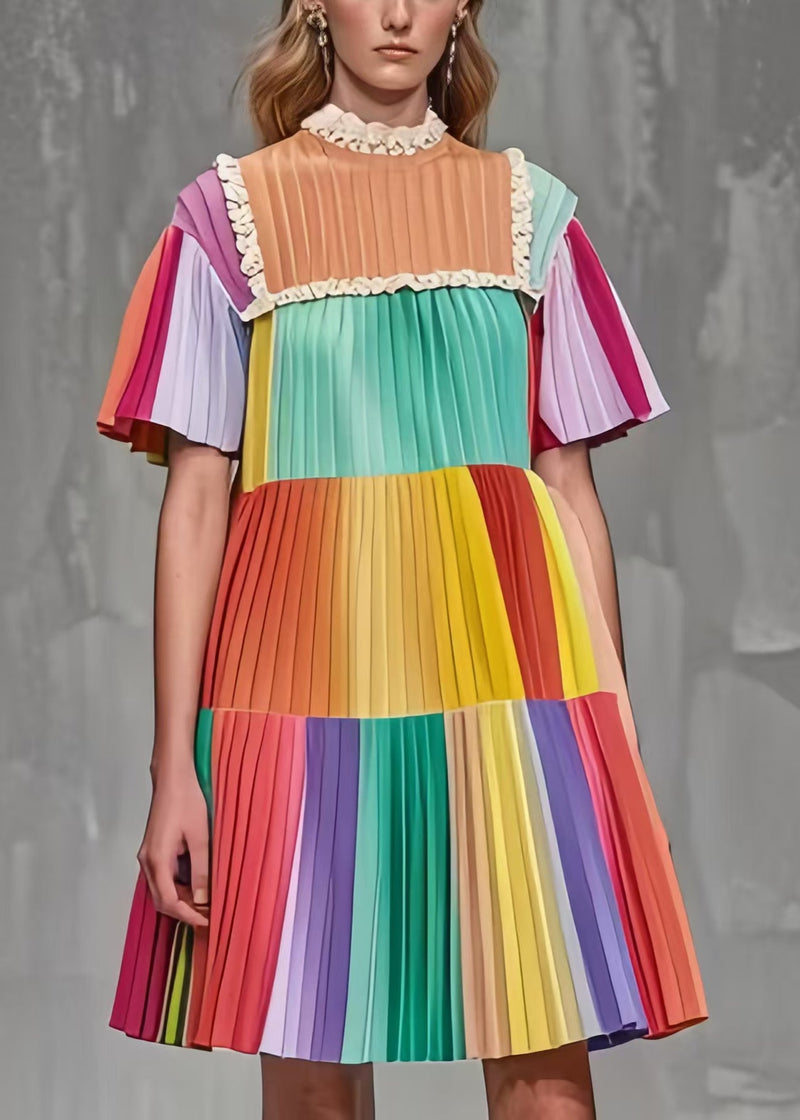 Rainbow Ruffled Patchwork Wrinkled Chiffon Mini Dress Summer