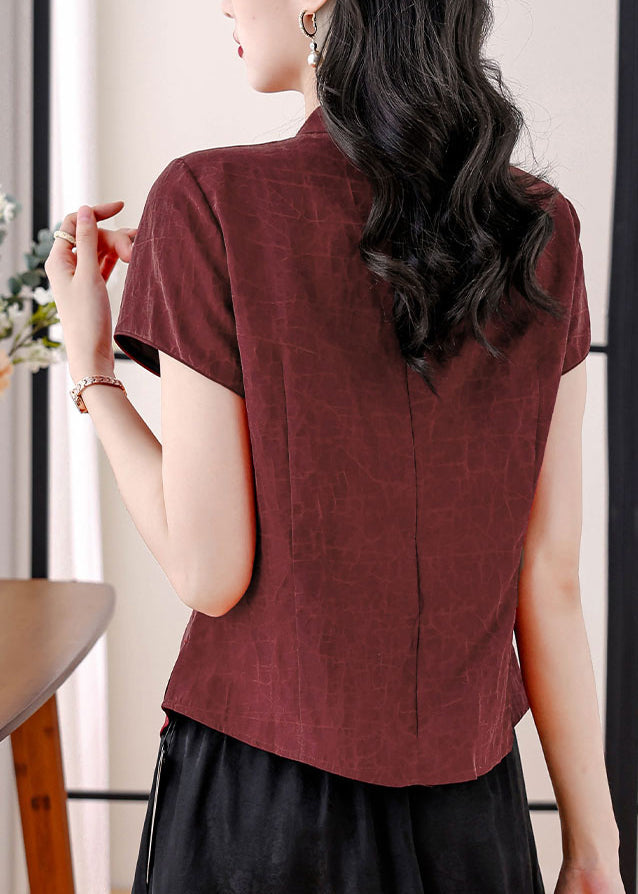 Red Stand Collar Embroidered Silk Blouses Summer