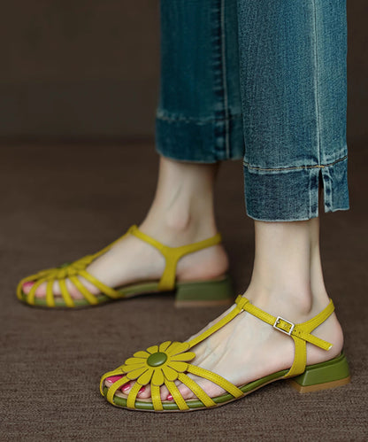 French Yellow Hollow Out Sandals Splicing Chunky