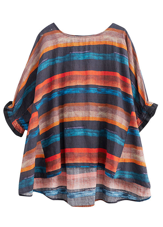Orange Bat Wing Sleeve O-neck Asymmetrical Design Fall Striped Top