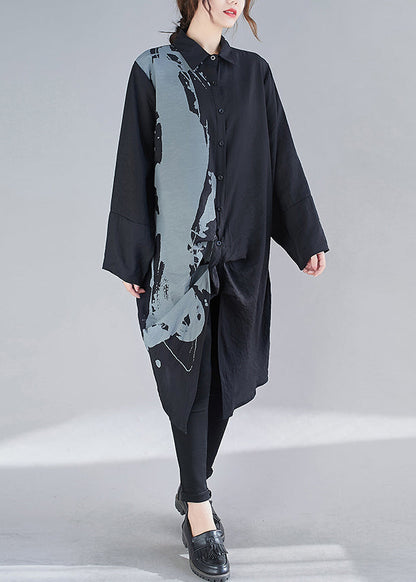Black Peter Pan Collar Print Patchwork Cotton Shirts Dresses Fall