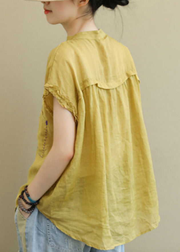 Modern Yellow Stand Collar Button Pockets Linen Blouse Top Short Sleeve