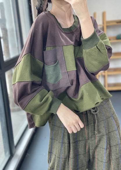 Coffee O-neck Striped Hole Fall Pullover Sweatshirt