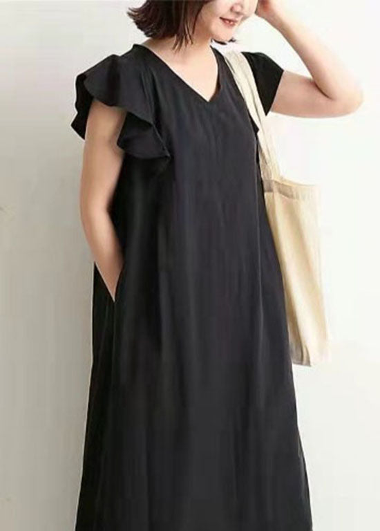 Black V Neck Patchwork Ruffled Cotton Maxi Dresses Summer