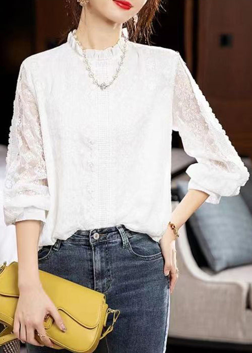 White Ruffled Hollow Out Patchwork Lace Top Fall