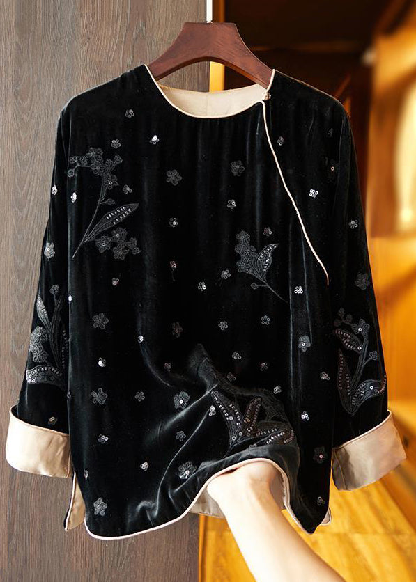 Loose Black Embroideried Side Open Silk Velour Top Fall