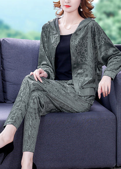 Loose Grey Print Silk Velour Coats and Harem Pants Two Pieces Set Fall
