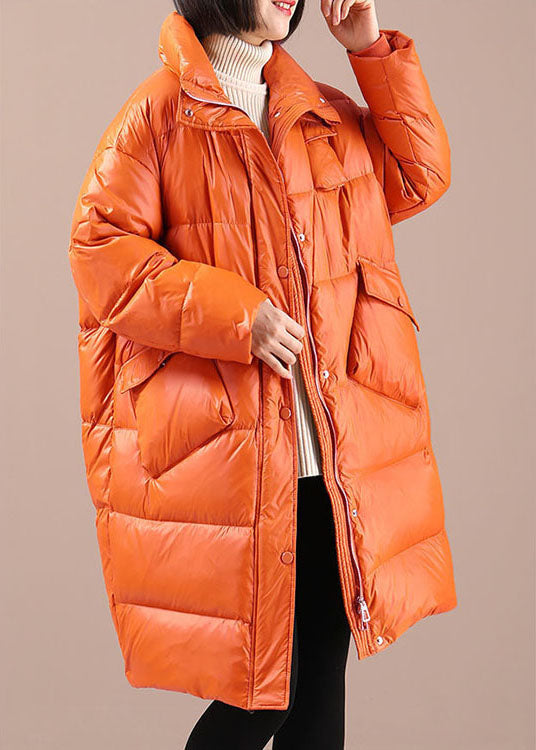 Orange Loose Stand Collar Pockets Winter Duck Down Coats