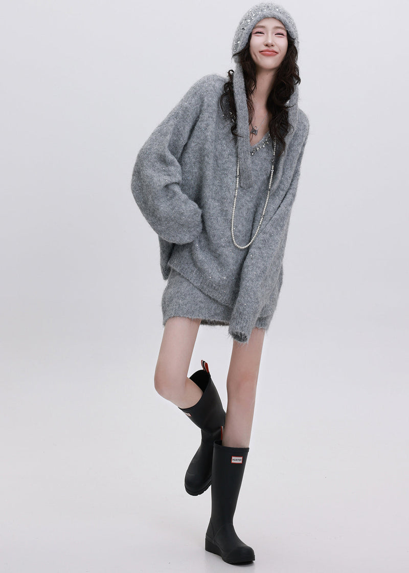 Grey Cozy Knit Two Piece Set Clothing Sequins Winter