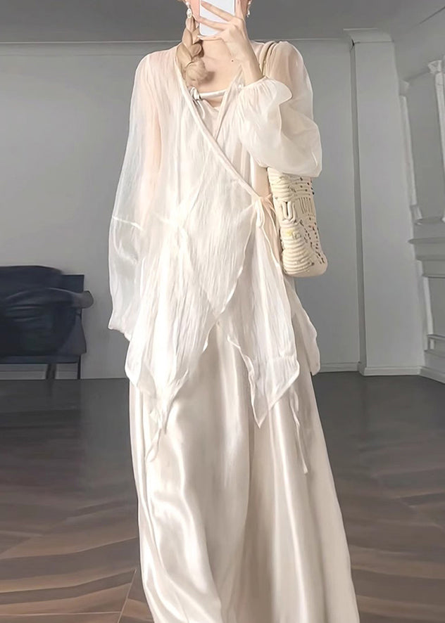Natural Apricot V Neck Tie Waist Chiffon Upf 50+ Coat Lantern Sleeve