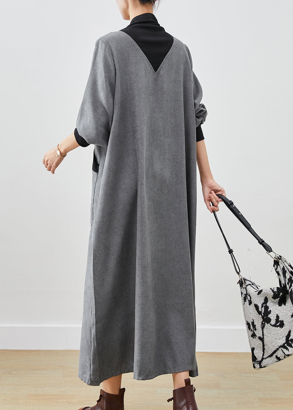 Grey Turtle Neck Patchwork Cotton Long Dress Fall