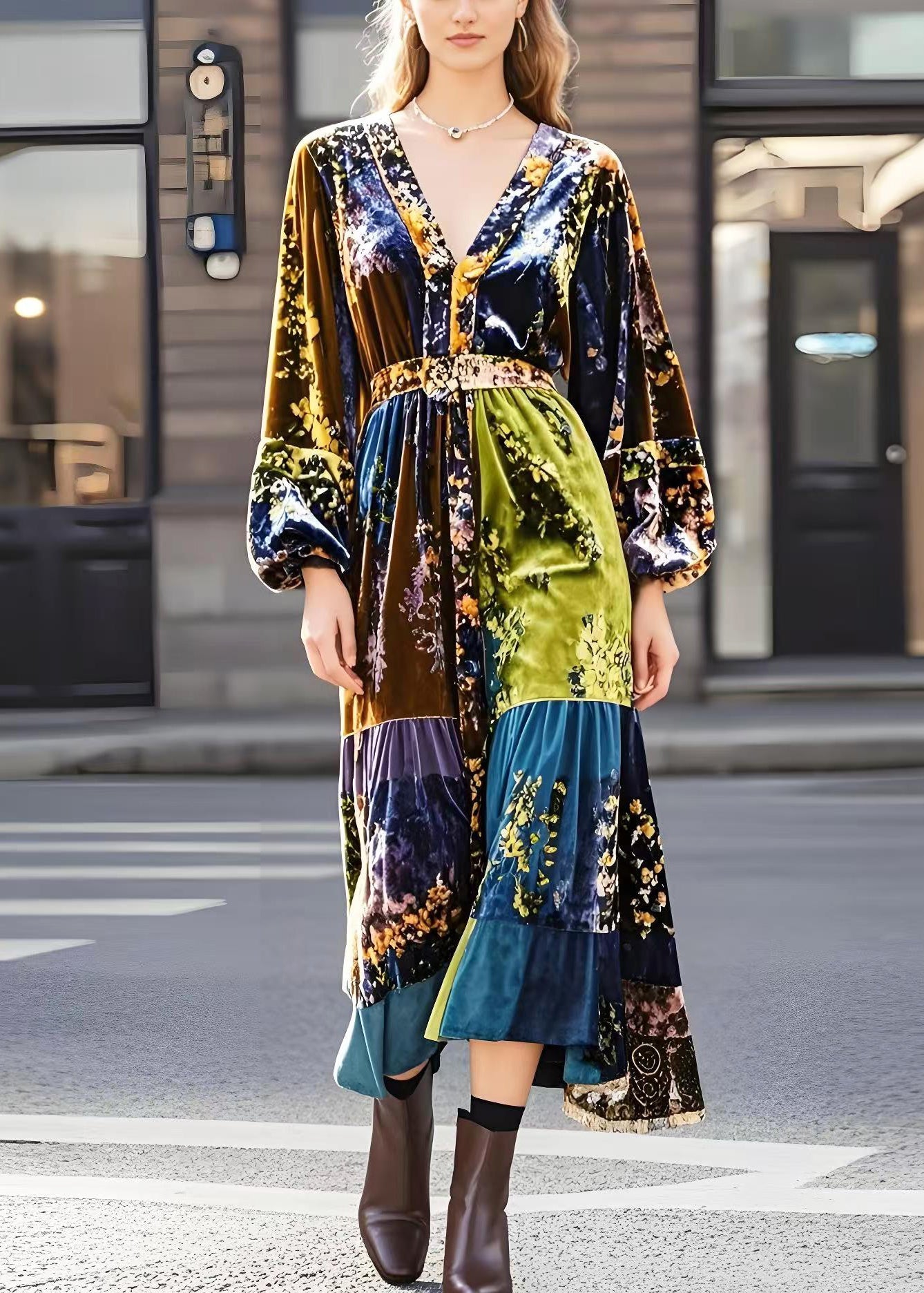 Modern Brown V Neck Print Silk Velour Dresses Spring