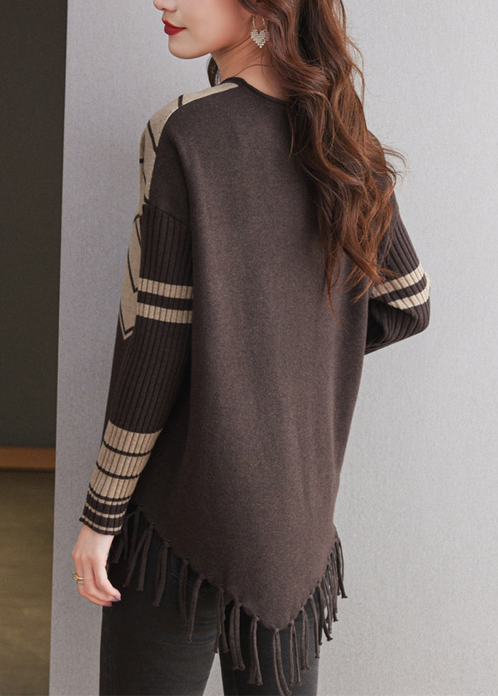 Coffee O Neck Tassel Woolen Sweater Tops Spring