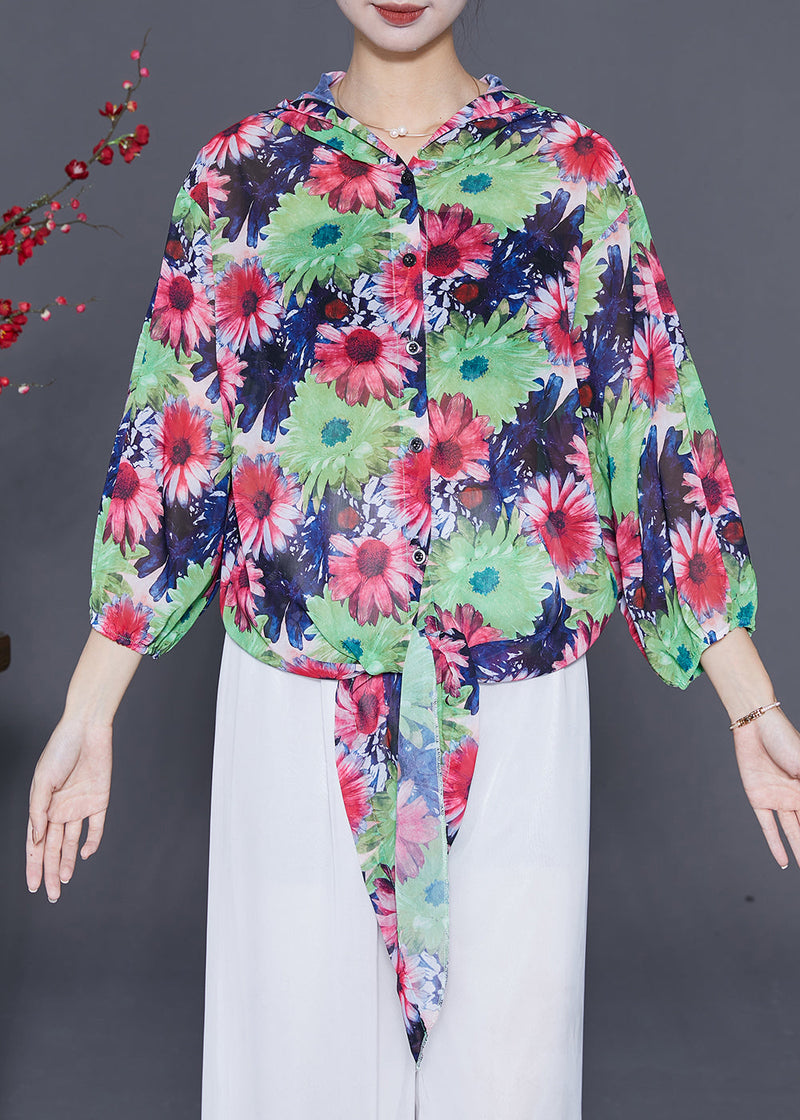 Red Print Chiffon Upf 50+ Shirts Hooded Bracelet Sleeve