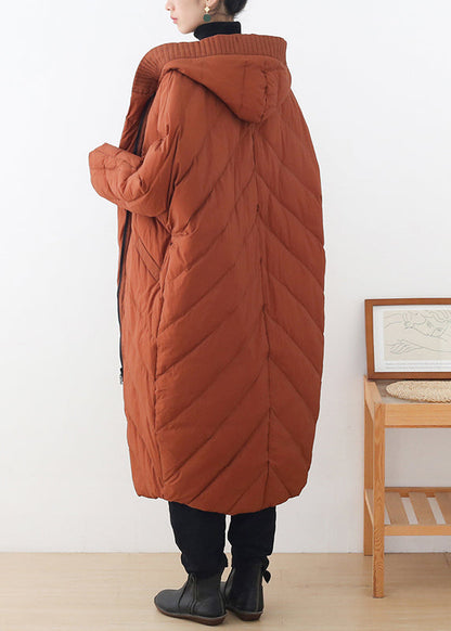 Caramel Zippered Button Pockets Hooded Down Coat Long Sleeve