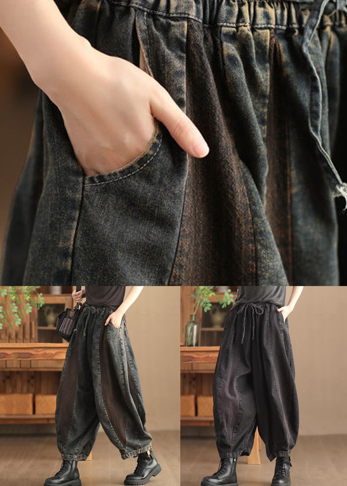 Old Blue Pockets Elastic Waist Crop Pants Spring