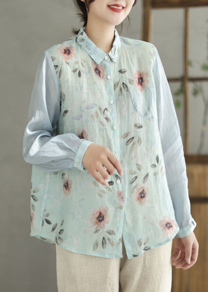 Blue Peter Pan Collar Print Linen Shirt Spring