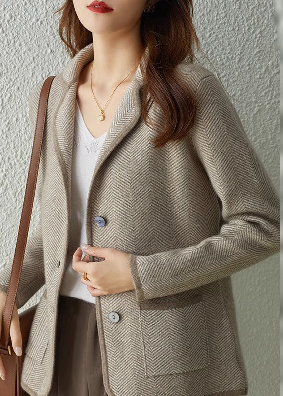 Diy Camel Notched Striped Patchwork Button Knit Coats Fall