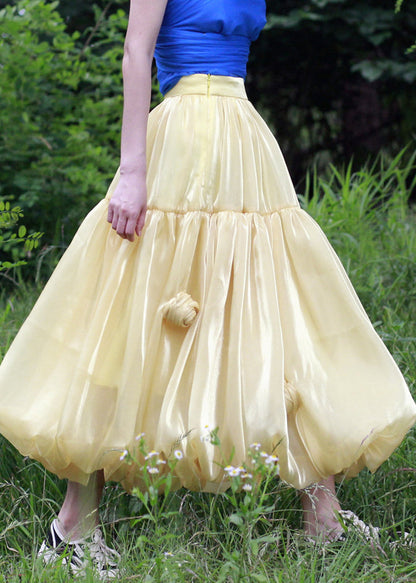 Yellow Zippered Silk Skirts High Waist Summer