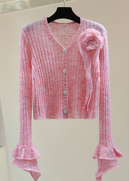 Novelty Pink Ruffled Nail Bead Cotton Knit Sweater Spring
