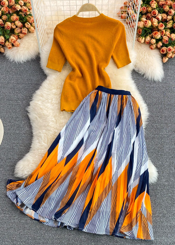 Organic Orange Knit Top and Skirts Two Piece Set Clothing Summer