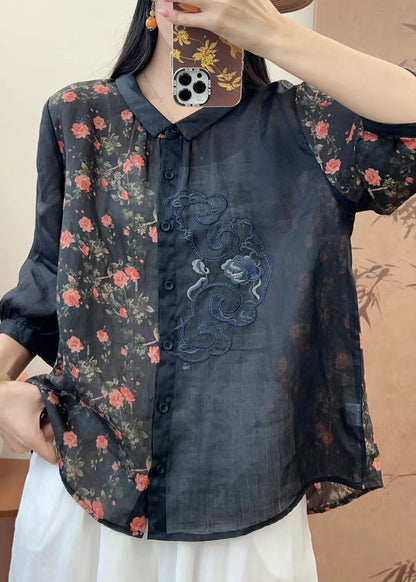 Natural Pink O-neck Embroidered Patchwork Print Linen Top Spring