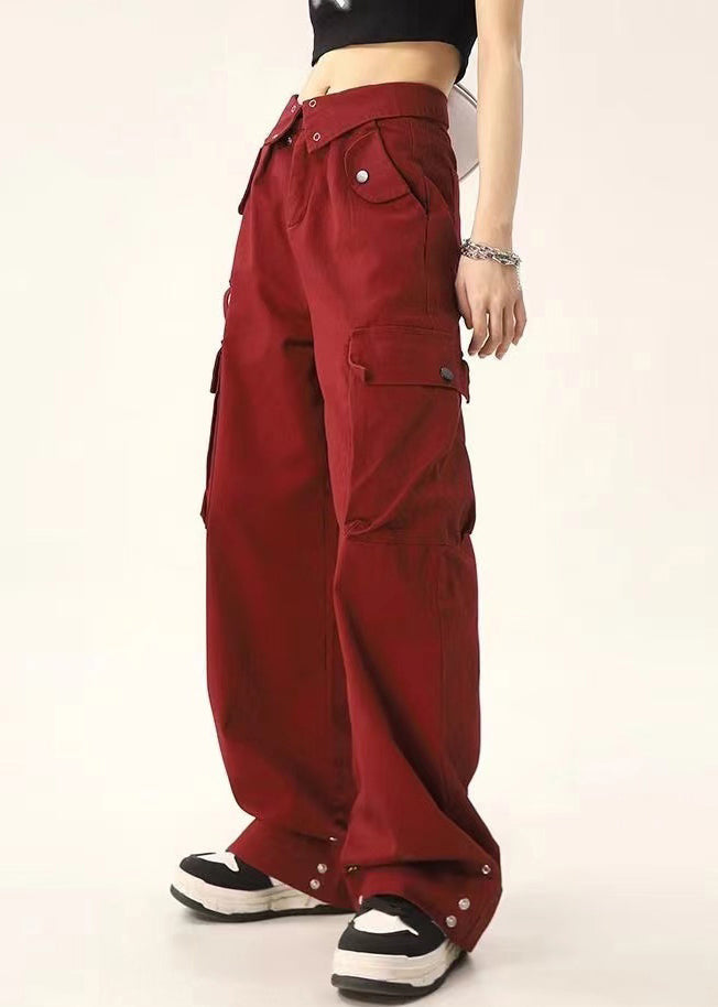 Stylish Red Pockets High Waist Denim Pants Spring