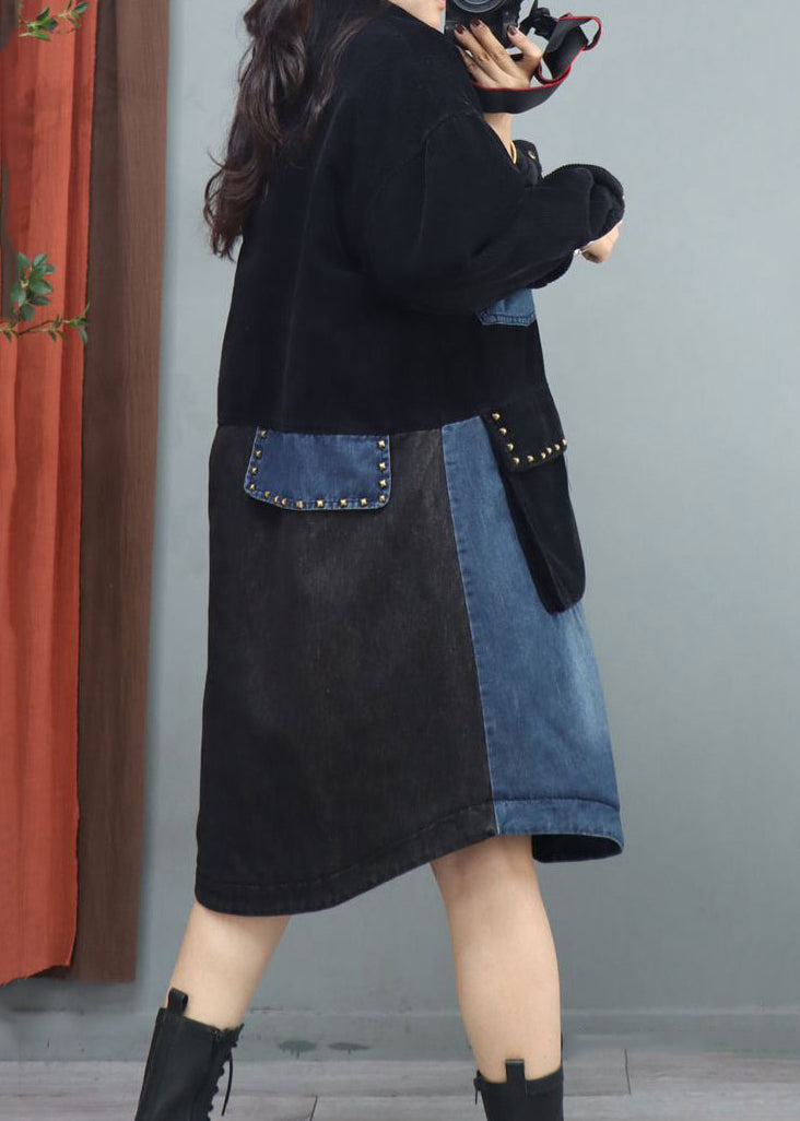 Black Peter Pan Collar Pockets Patchwork Coat Fall