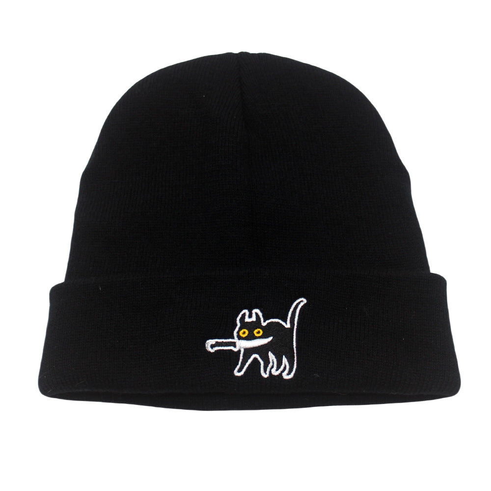 Comstylish Cartoon Pattern Cat Embroidery Warm Knitted Hat
