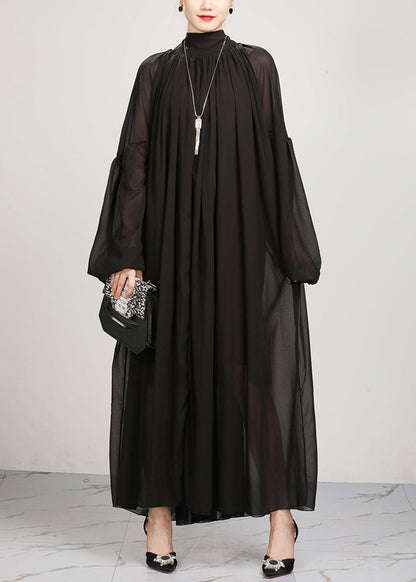 Black Turtleneck Chiffon Maxi Dresses Lantern Sleeve Fall