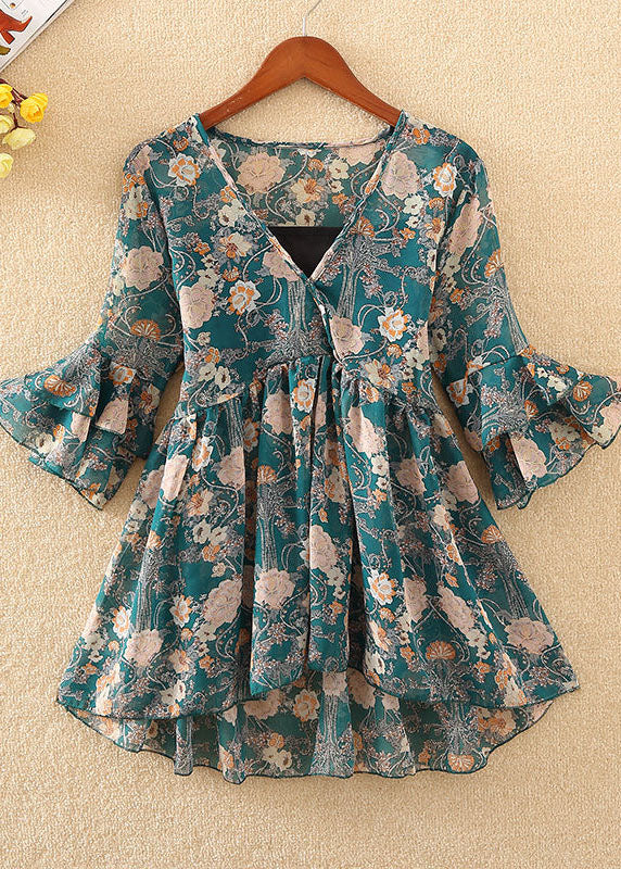 Unique Red V Neck Chiffon Shirt Tops Flare Sleeve