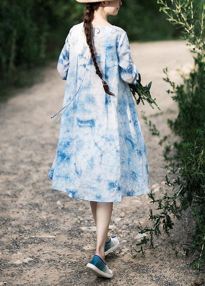 100% O-neck Half Sleeve Summer Blue Print Dress