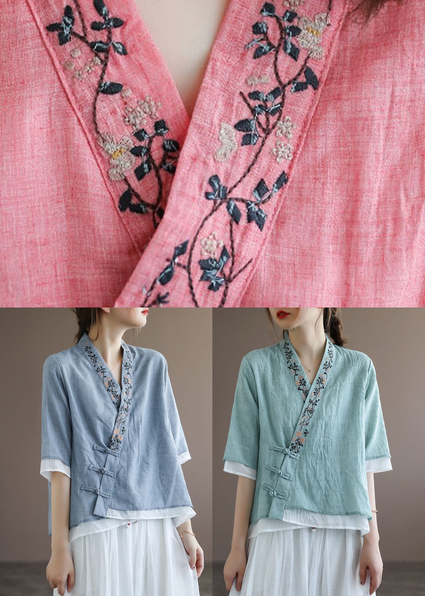 Chinese Style Lake Red Polka Dotsv Neck Double-deck Cotton Top Half Sleeve