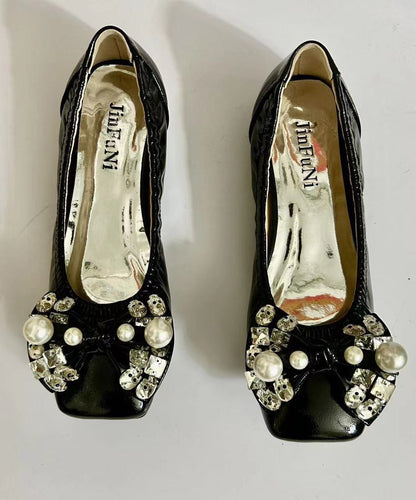 Soft Bow Zircon Splicing Flat Shoes for Green Faux Leather