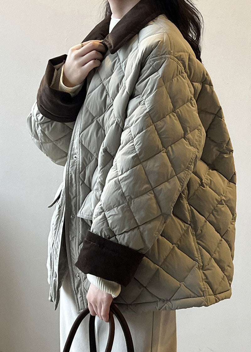 Grey Peter Pan Collar Corduroy Duck Down Puffer Jacket Winter