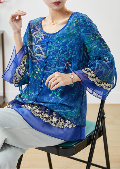 Blue Print Patchwork Chiffon Shirt Spring