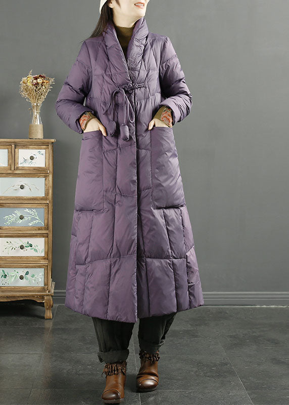 Purple Stand Collarembroideried Tassel Pockets Duck Down Down Coat Long Sleeve