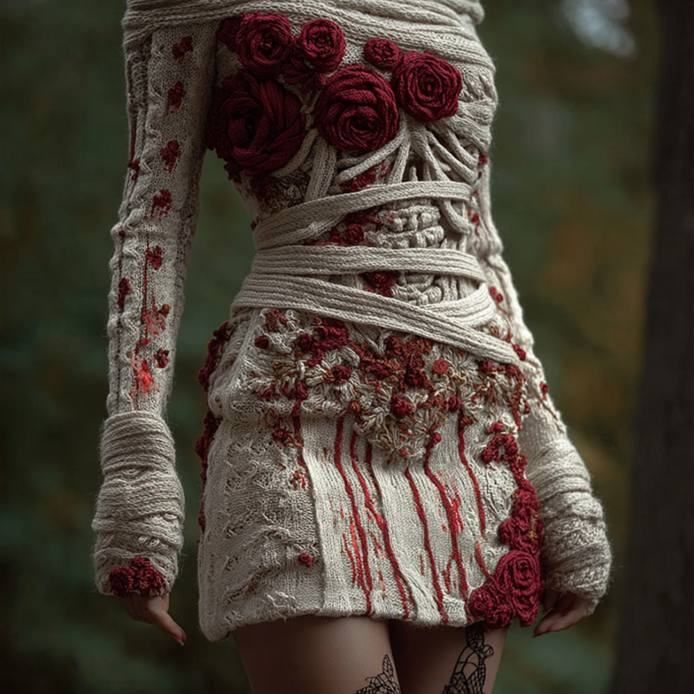 Women's Halloween Skeleton Rose Art Mini Round Neck Dress artswardrobe