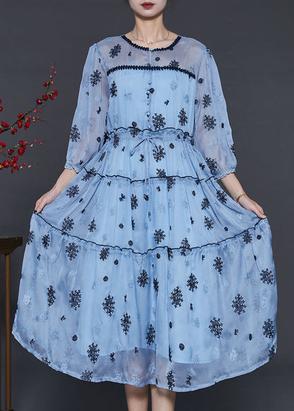 Sea Blue Embroidered Silk Cinched Dress Summer
