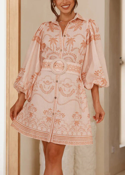 Classy Pink Peter Pan Collar Print Sashes Linen Shirts Dress Spring